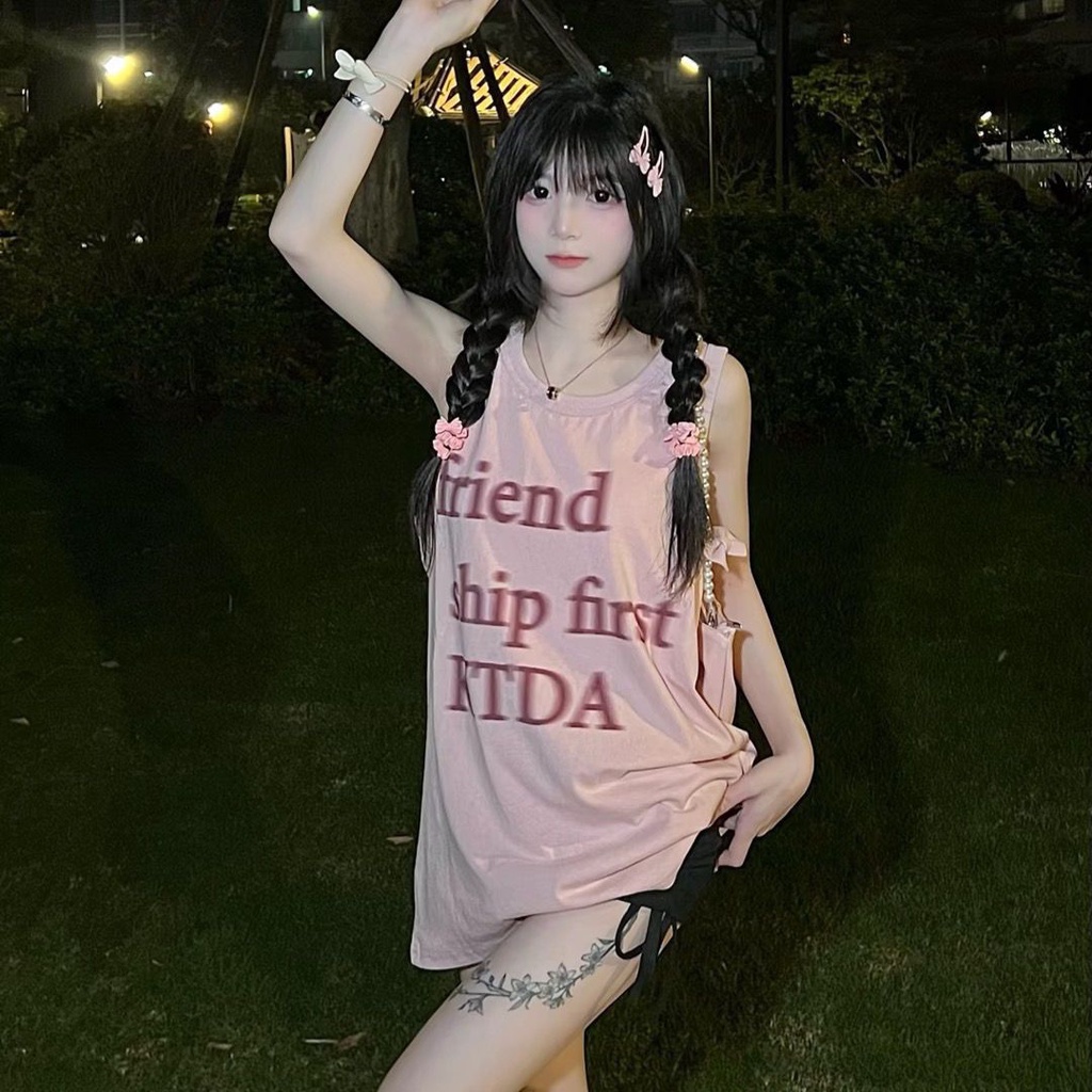 Áo Thun Cotton Không Tay Dáng Rộng In Chữ Thời Trang Mùa Hè Cho Nữ