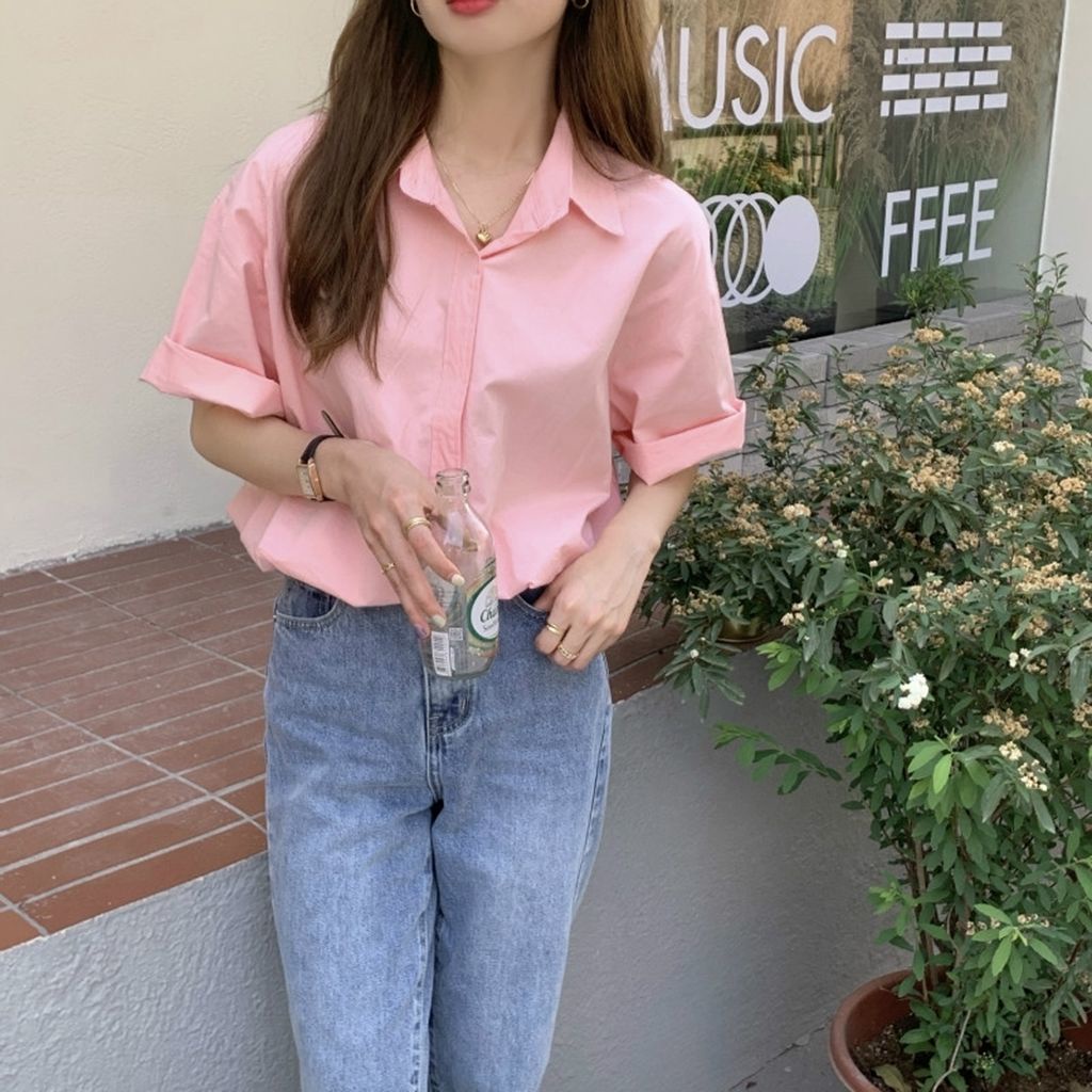 Áo Sơ Mi Tay Ngắn Dáng Rộng Màu Hồng Thời Trang Mùa Hè Hàng Mới Dành Cho Bạn Nữ