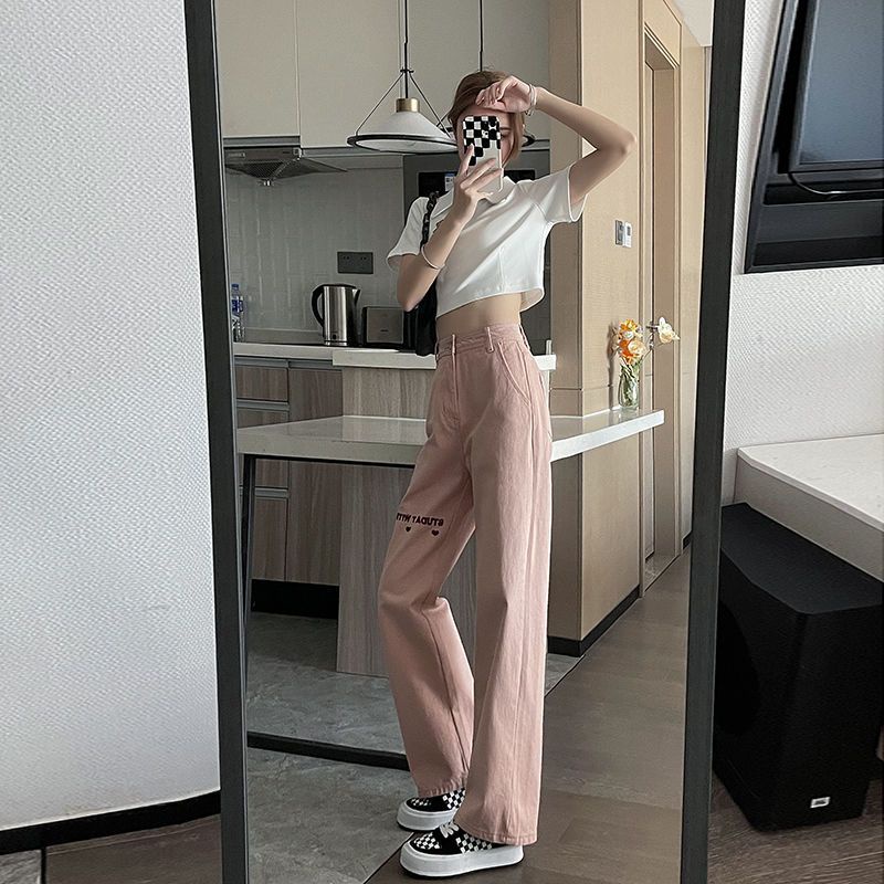 Quần Jean Dài Lưng Cao Ống Rộng Màu Hồng Thời Trang Mùa Xuân Mới Cho Nữ