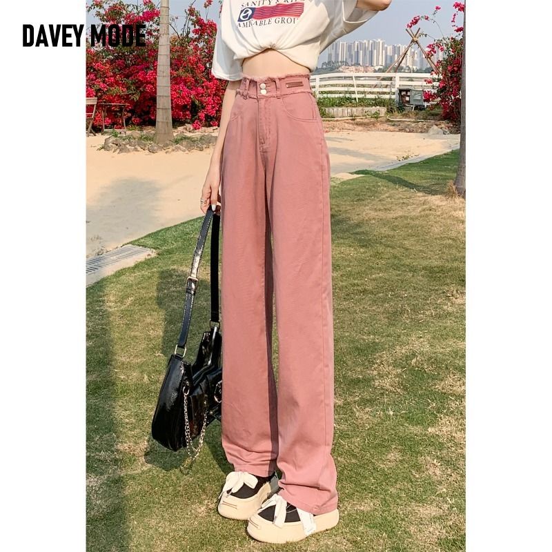 Quần Jean Nữ Ống Rộng Lưng Cao Màu Hồng Thời Trang Xuân Hè Mới