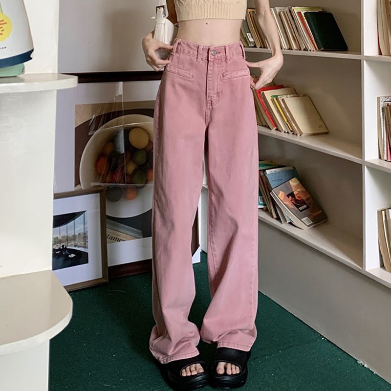 Quần Jean Dài Lưng Cao Ống Rộng Màu Hồng Thời Trang Xuân Thu Phong Cách Hàn Quốc Mới Cho Nữ