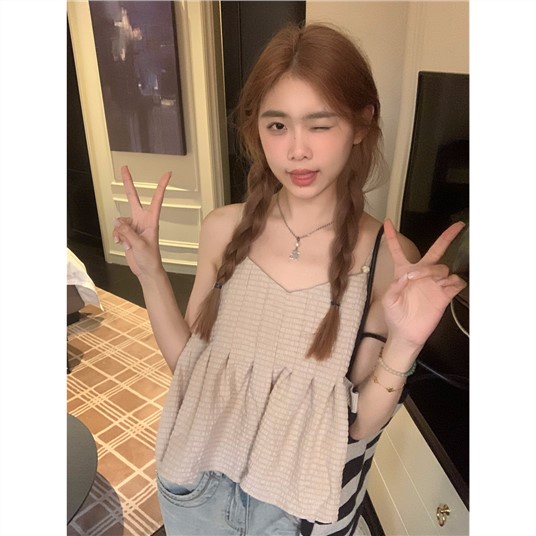 Bán Chạy ~ Áo Hai Dây Nhỏ Màu Trơn Phong Cách Niche Pháp Mặc Ngoài Trời Cho Nữ