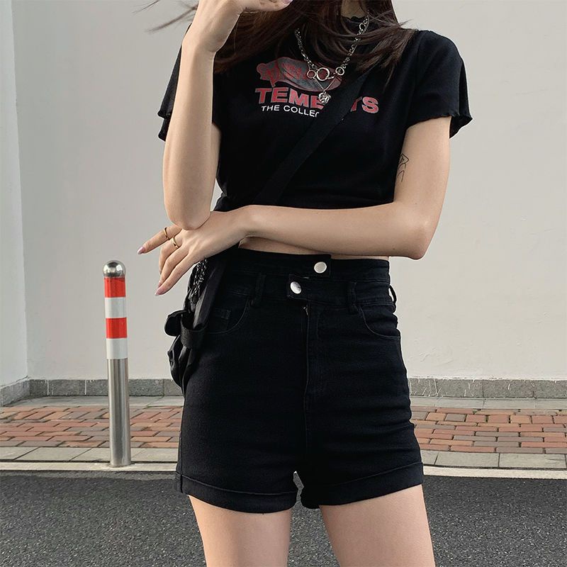 Quần Short Denim Màu Đen Lưng Cao Dáng Ôm Thời Trang Mùa Hè Cho Nữ