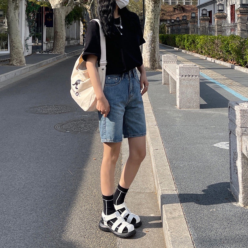 Phong Cách Mới ~ Quần Short Denim Mỏng Năm Điểm Eo Cao Dáng Suông Rộng Phong Cách Retro Mùa Hè Cho Nữ @ -