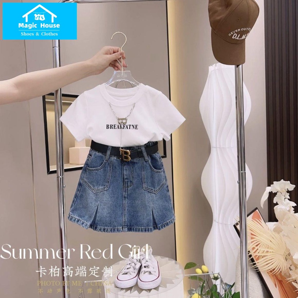 Set Áo Thun Ngắn Tay In Chữ + Chân Váy Denim Ngắn Thời Trang Hè Hàn Quốc Mới 2023 Cho Bé Gái