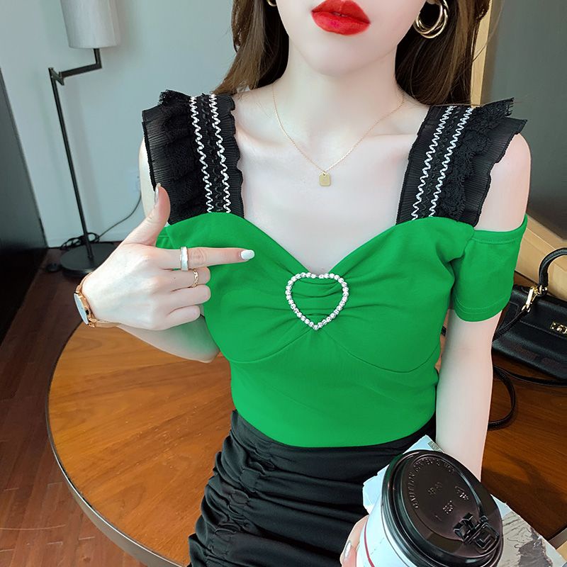 Bán Chạy ~ Áo Kiểu Tay Ngắn Hở Vai Dáng Ôm Phối Ren Đính Kim Cương Phong Cách Châu Âu Mới Dành Cho Bạn Nữ