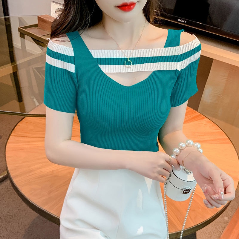 Áo Thun Dệt Kim Trễ Vai Tay Ngắn Cổ Chữ v Họa Tiết Kẻ Sọc Thời Trang Mùa Hè Hàng Mới 2023 Dành Cho Bạn Nữ
