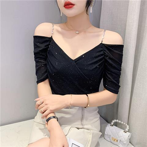Áo Thun Ngắn Tay Cổ Chữ V Thiết Kế Xếp Ly Phong Cách Mới Cho Nữ