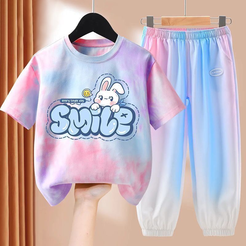 Bộ Áo Thun Tay Ngắn Và Quần Dài Bằng Lụa Mát Thời Trang Mùa Hè 2023 Dành Cho Bé Gái