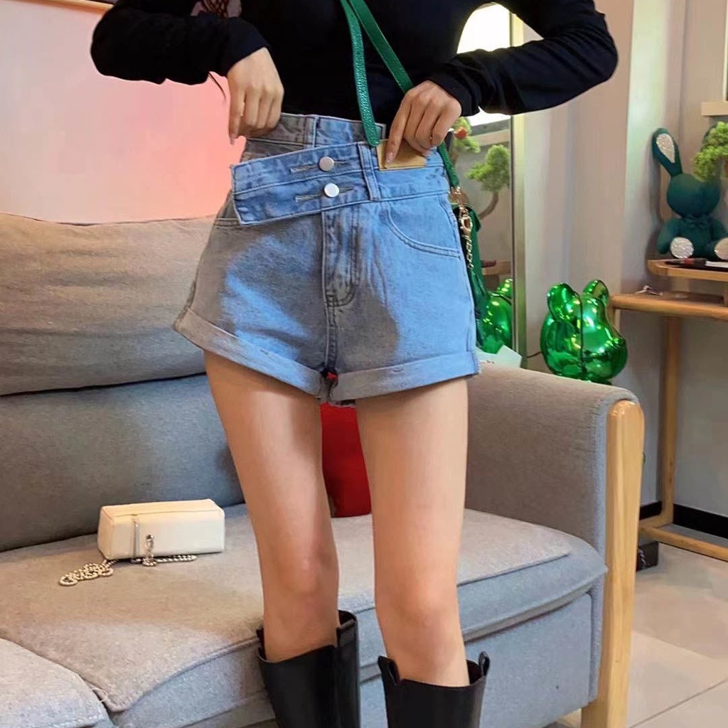 Quần Short Denim Lưng Cao Ống Rộng Phong Cách Hàn Quốc Mới Cho Nữ