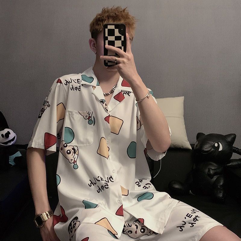 Bộ Đồ Ngủ 20% Lụa Tay Ngắn In Hình Cậu Bé Bút Chì Shin-Chan Thời Trang Mùa Hè Cho Nam