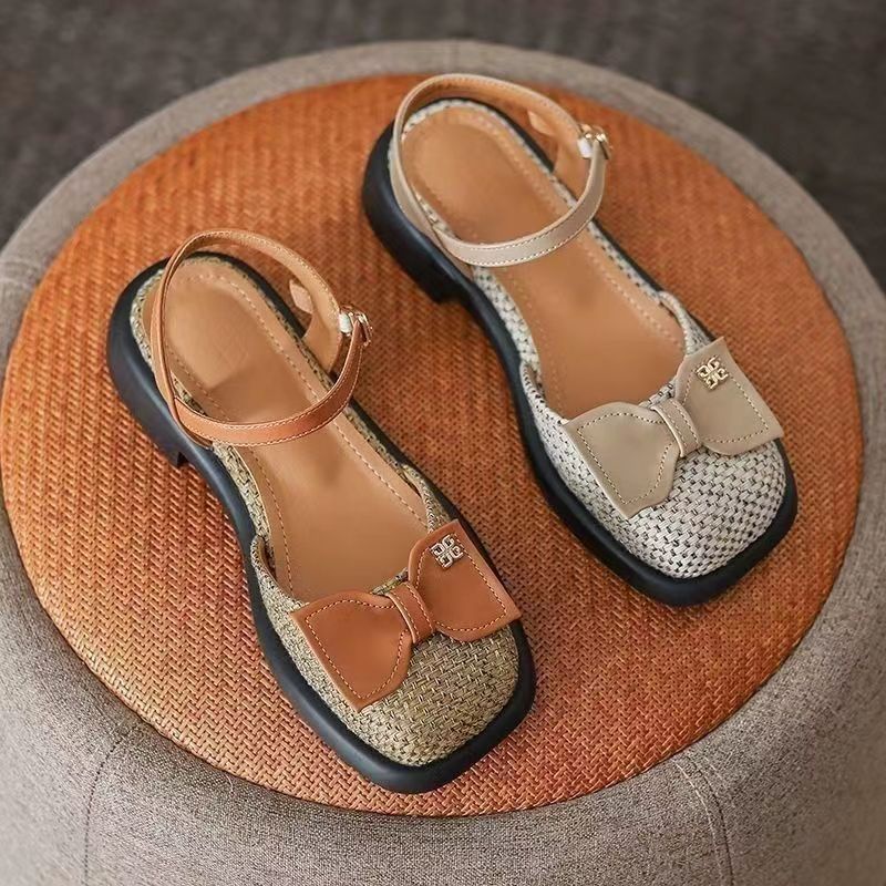 Hàng Mới Về ~ Sandal Cao Gót Hở Ngón Đế Phẳng Thắt Nơ Cài Khóa Cao Cấp Trẻ Trung Dành Cho Nữ