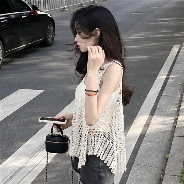 Hàng Mới Về PPHOME Áo Không Tay Dáng Rộng Thiết Kế Đan Móc Rỗng Phong Cách Blogger ~