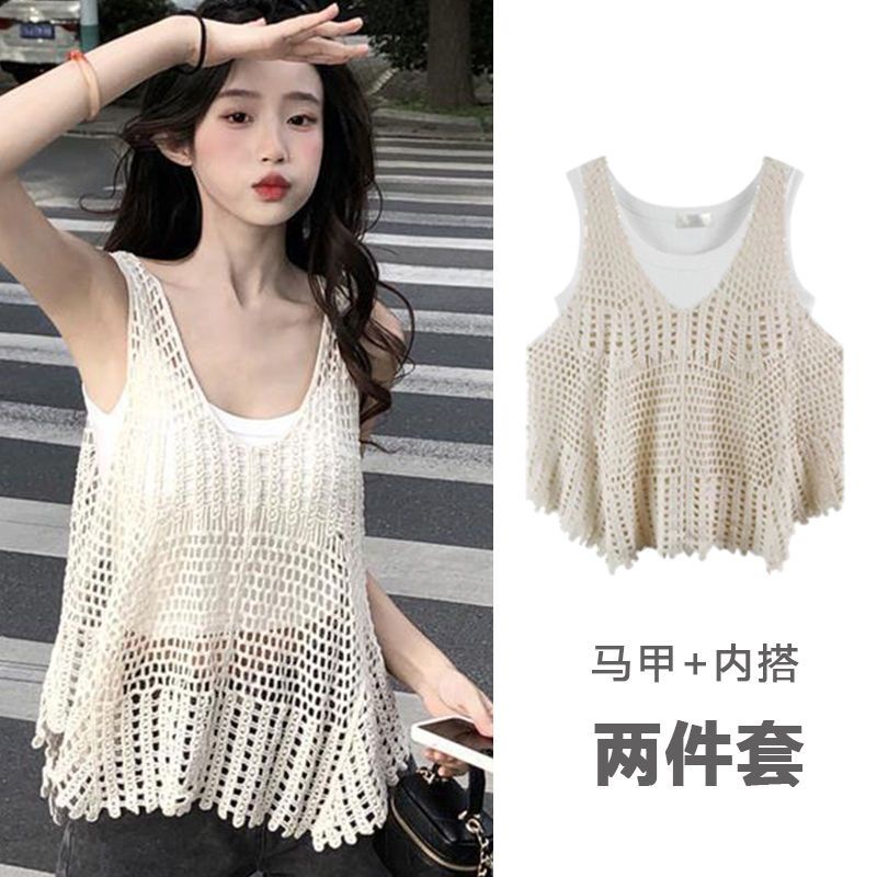 Hàng Mới Về PPHOME Áo Không Tay Dáng Rộng Thiết Kế Đan Móc Rỗng Phong Cách Blogger ~