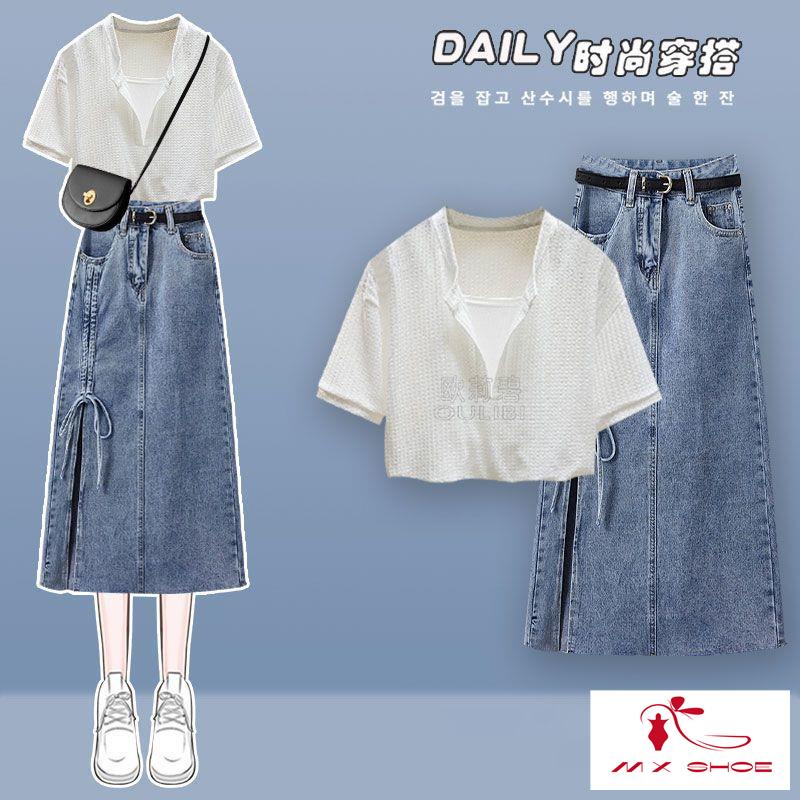 Set Áo Thun Ngắn Tay Và Chân Váy Denim Phong Cách Mới 2023 Cho Nữ