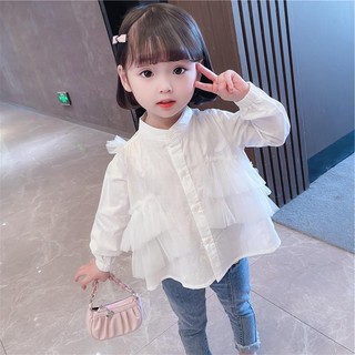 Áo sơ mi cho bé gái áo lưới trẻ em khâu dài tay áo sơ mi trắng bé gái