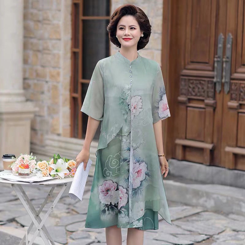XL-5XL Váy Liền Voan In Hoa Váy Liền Trung Niên Kiểu Tây Dáng Dài Quá Đầu Gối
