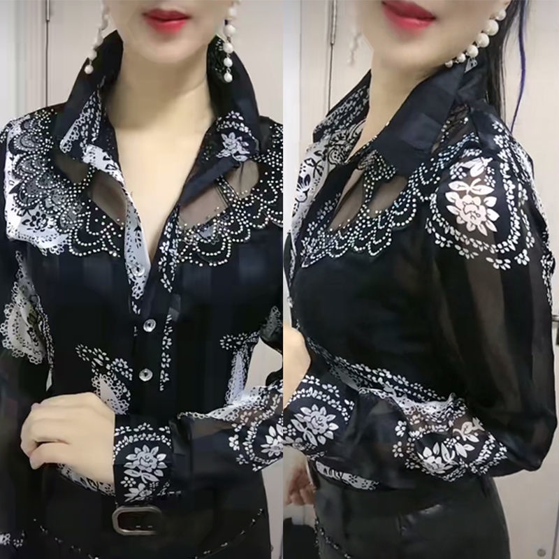 Áo Sơ Mi chiffon Tay Dài Chống Nắng Phối Ren Đính Đá Phong Cách Phương Tây Thời Trang Mùa Hè Cho Nữ