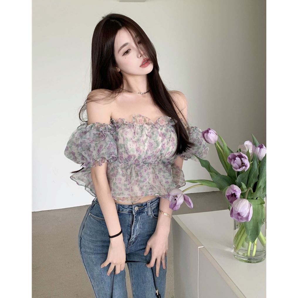 Jiashucheng Áo Sơ Mi Ngắn Tay Phồng Trễ Vai Họa Tiết Hoa Ngọt Ngào Thời Trang Mùa Hè Cho Nữ