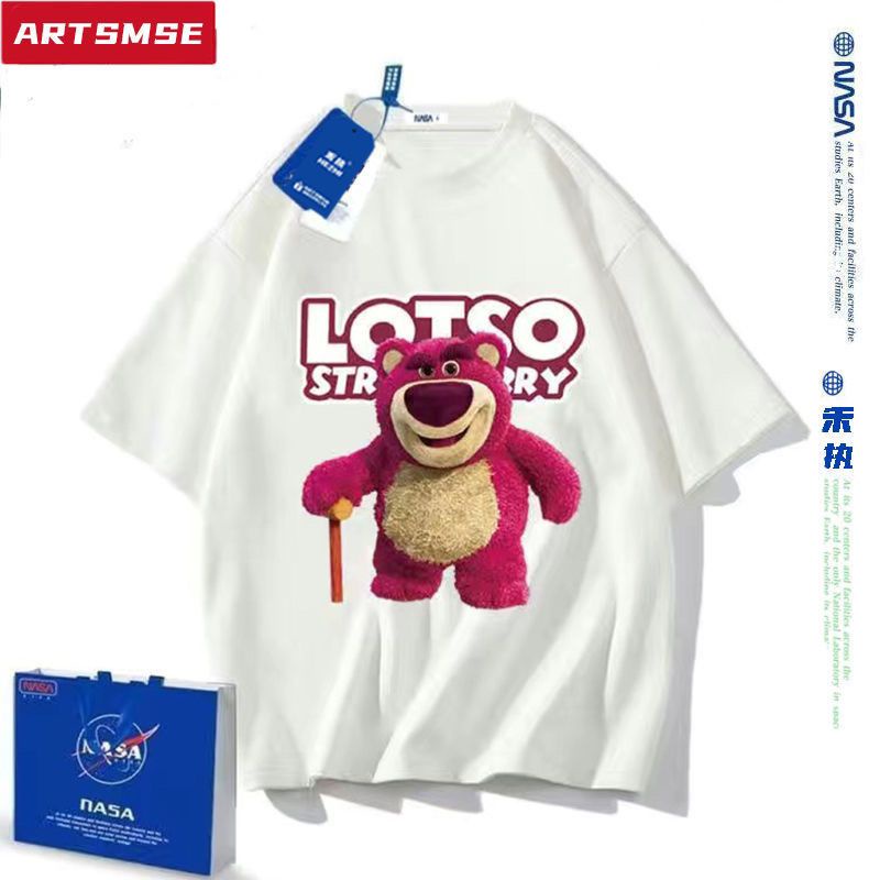 NASA Áo Thun Cotton Ngắn Tay Dáng Rộng In Hình Gấu / Dâu Tây Màu Trơn Dễ Thương Thời Trang Mùa Hè Cho Cặp Đôi