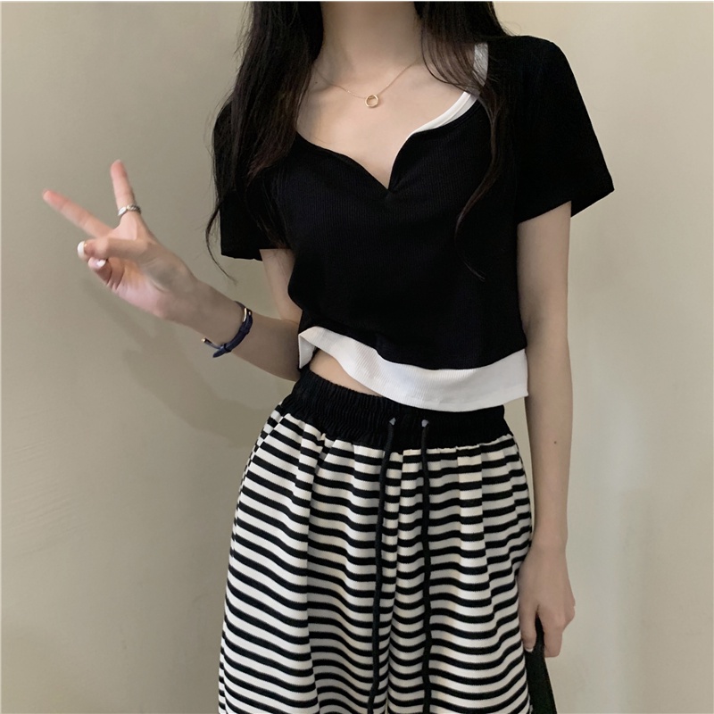 SUXI Áo Thun Ngắn Tay Cổ V Lưng Cao Thời Trang Mùa Hè Cho Nữ