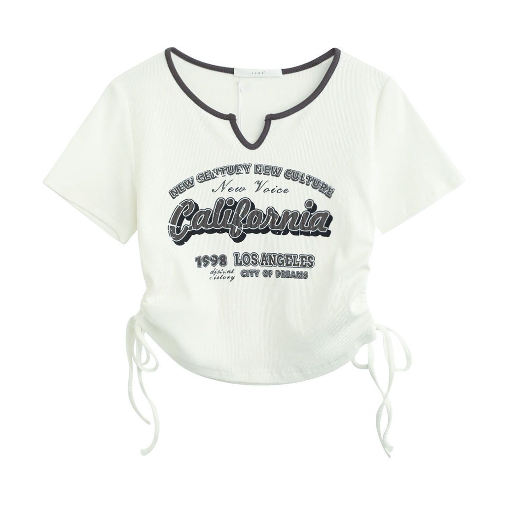 Áo Croptop Tay Ngắn Phối Dây Rút In Họa Tiết Phong Cách Retro Mỹ Thời Trang Mùa Hè Cho Nữ