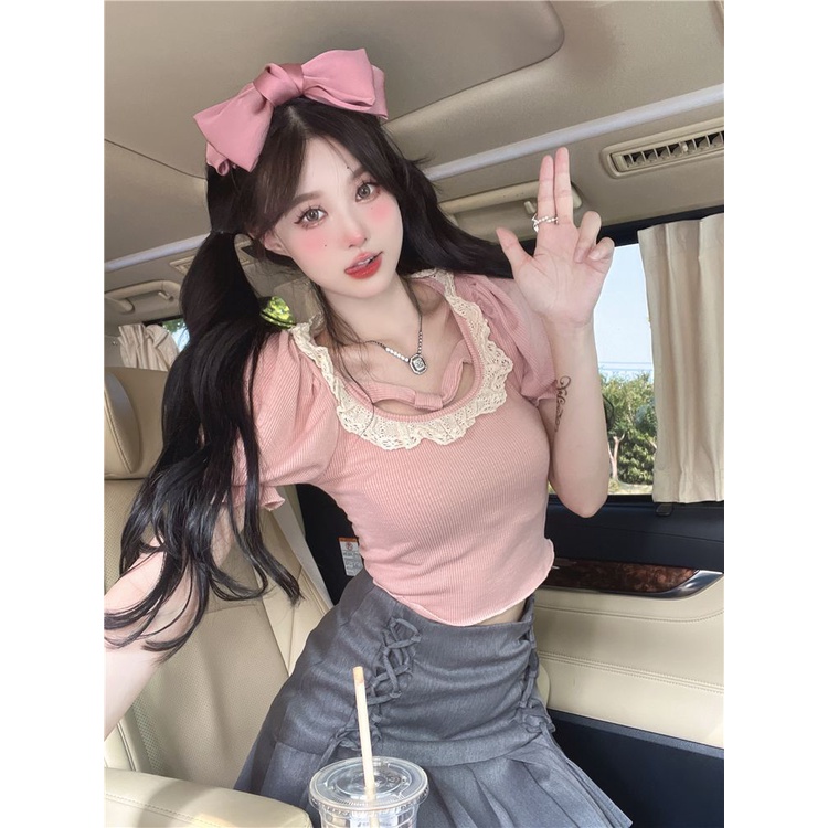 COZOK Áo Thun Tay Ngắn Cổ Vuông Phối Ren Thời Trang