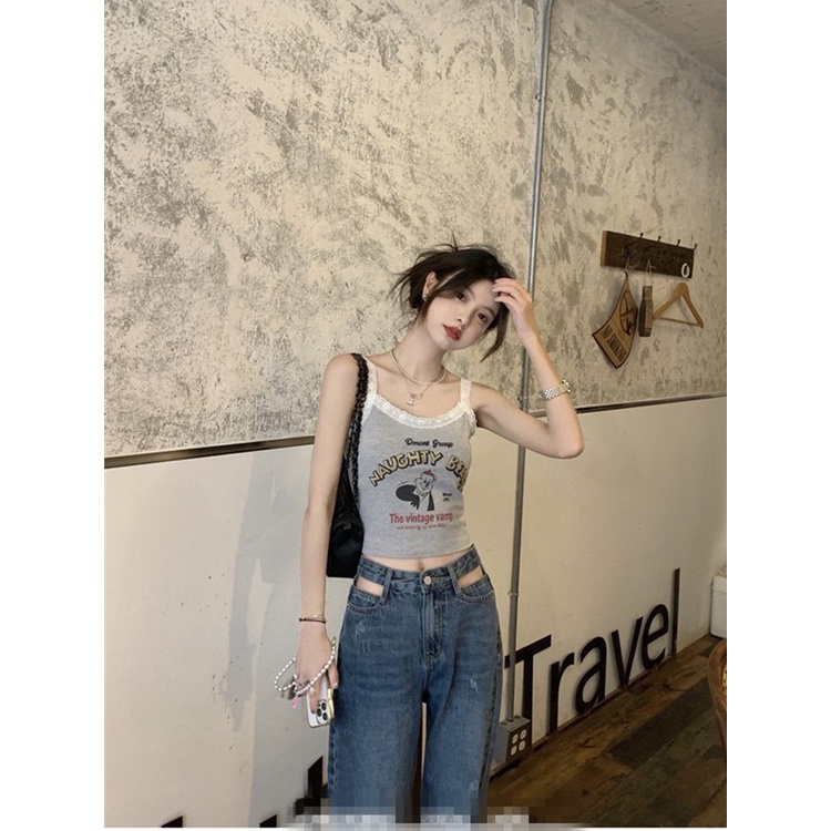 Áo Không Tay Phối Ren Dáng Ngắn Thời Trang Mùa Hè Cho Nữ