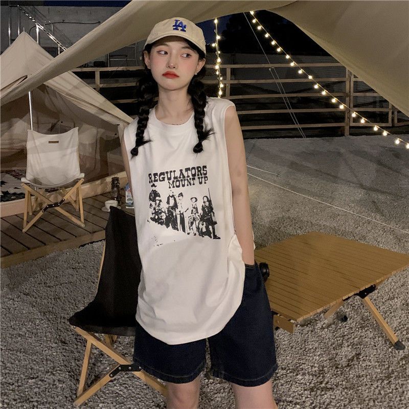 Jiashucheng Áo Thun Giả Hai Lớp Không Tay Dáng Rộng Phong Cách Retro Hong Kong Mùa Hè Cho Nữ Sinh