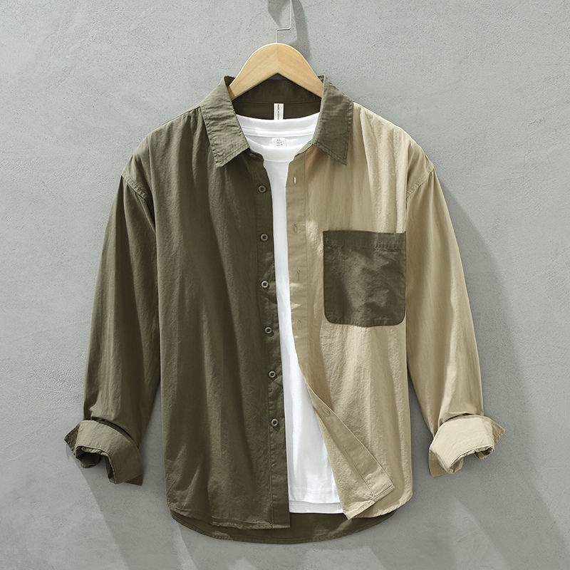 Áo sơ mi nam dài tay màu tương phản khâu S-4XL áo khoác áo sơ mi dễ phối rộng rãi giản dị trào lưu retro kiểu Mỹ mẫu mới