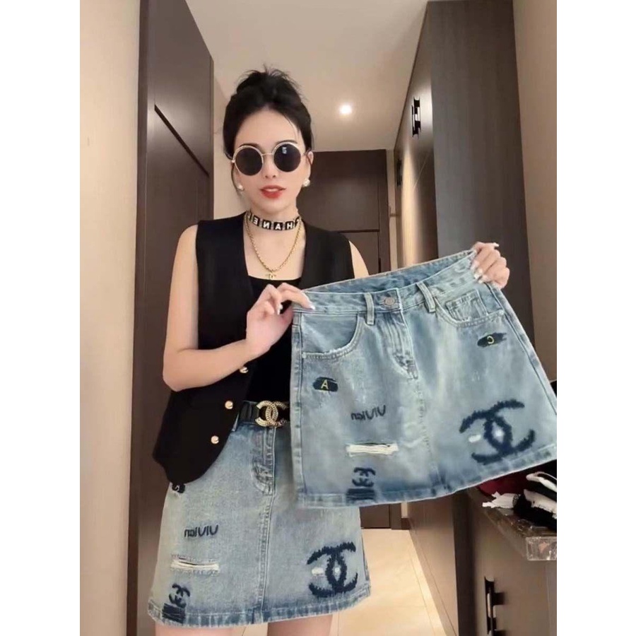 Chân váy jean Lưng Cao Thêu Chữ Thời Trang Cho Nữ