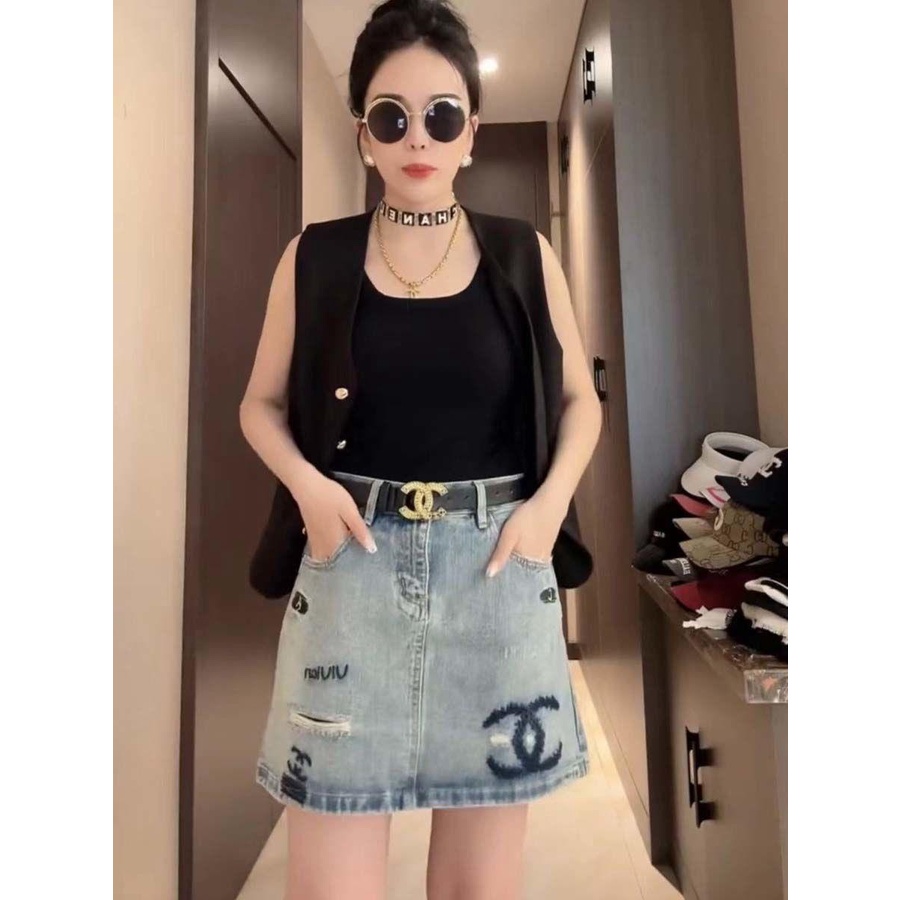 Chân váy jean Lưng Cao Thêu Chữ Thời Trang Cho Nữ