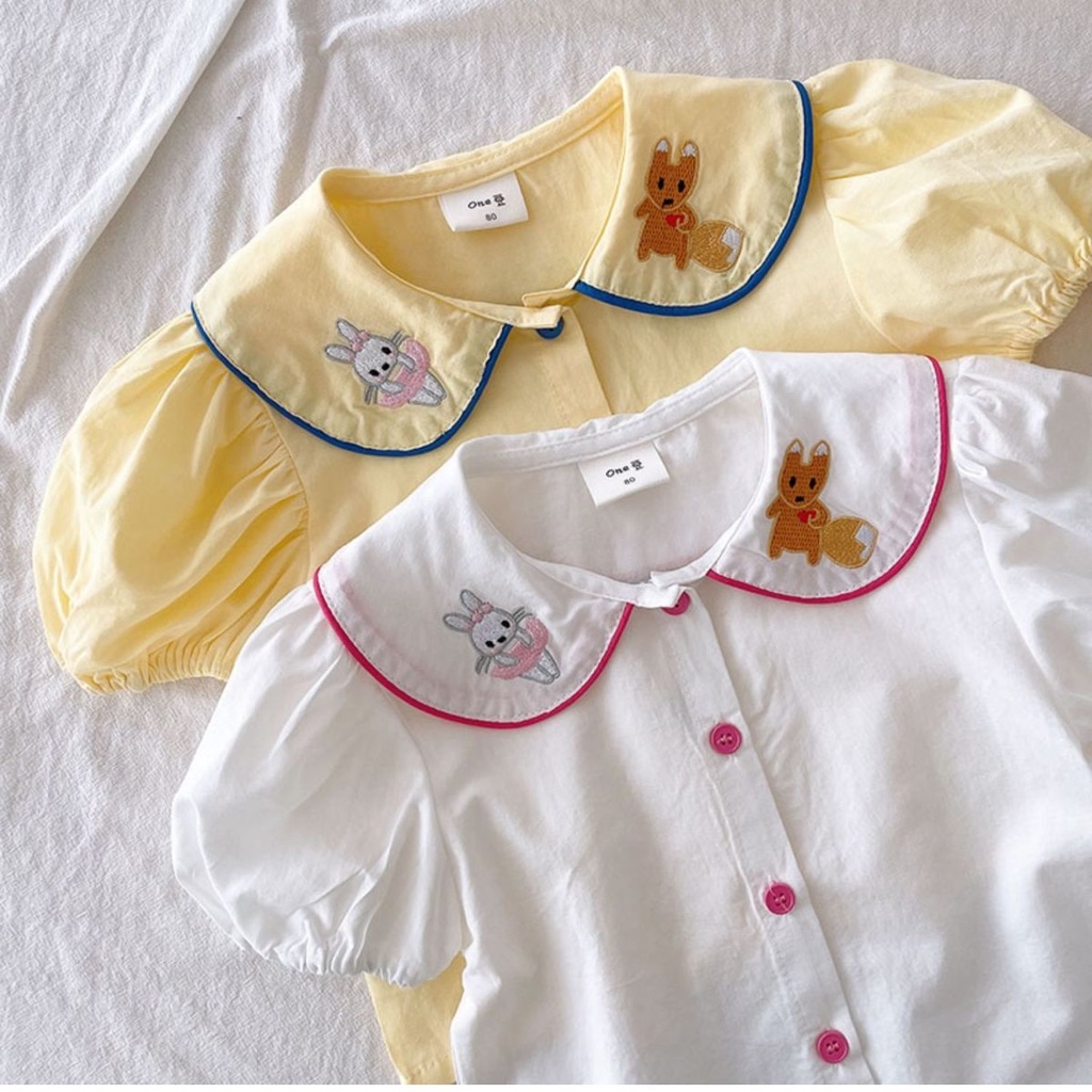 Áo Sơ Mi Cotton Tay Ngắn Cổ Búp Bê Thêu Họa Tiết Hoạt Hình Dễ Thương Phong Cách Hàn Quốc Cho Bé Gái
