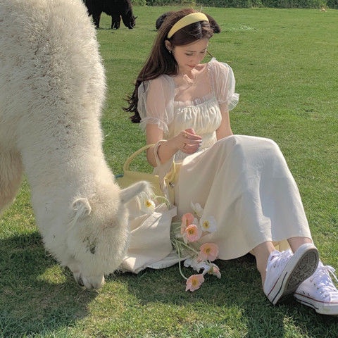 Đầm Tay Ngắn Phối Lưới Thời Trang Mùa Hè Xinh Xắn Cho Nữ