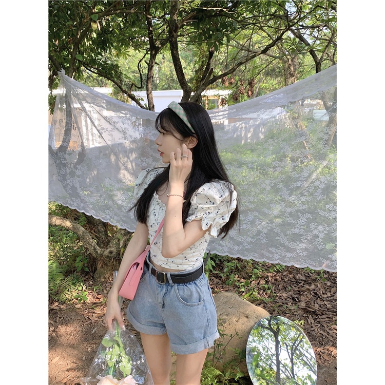 Cozok Áo Sơ Mi Tay Phồng Ngắn Cổ Bẻ In Hoa Dễ Phối Đồ Hợp Thời Trang