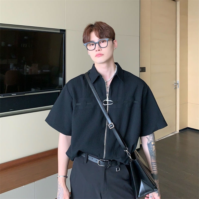 Áo Sơ Mi Tay Ngắn Dáng Rộng Có Khóa Kéo Phong Cách Thời Trang Đường Phố Mỹ Cho Nam Và Nữ