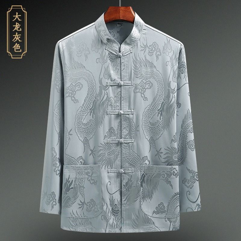 Áo Sơ Mi Tay Dài Cổ Đứng Form Rộng Phối Túi Phong Cách Retro Trung Hoa Cho Nam