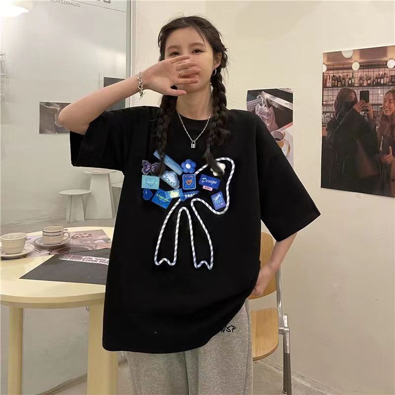 Jiashucheng Áo Thun Tay Ngắn Dáng Rộng In Họa Tiết Thắt Nơ Thời Trang Mùa Hè Mới Cho Cặp Đôi