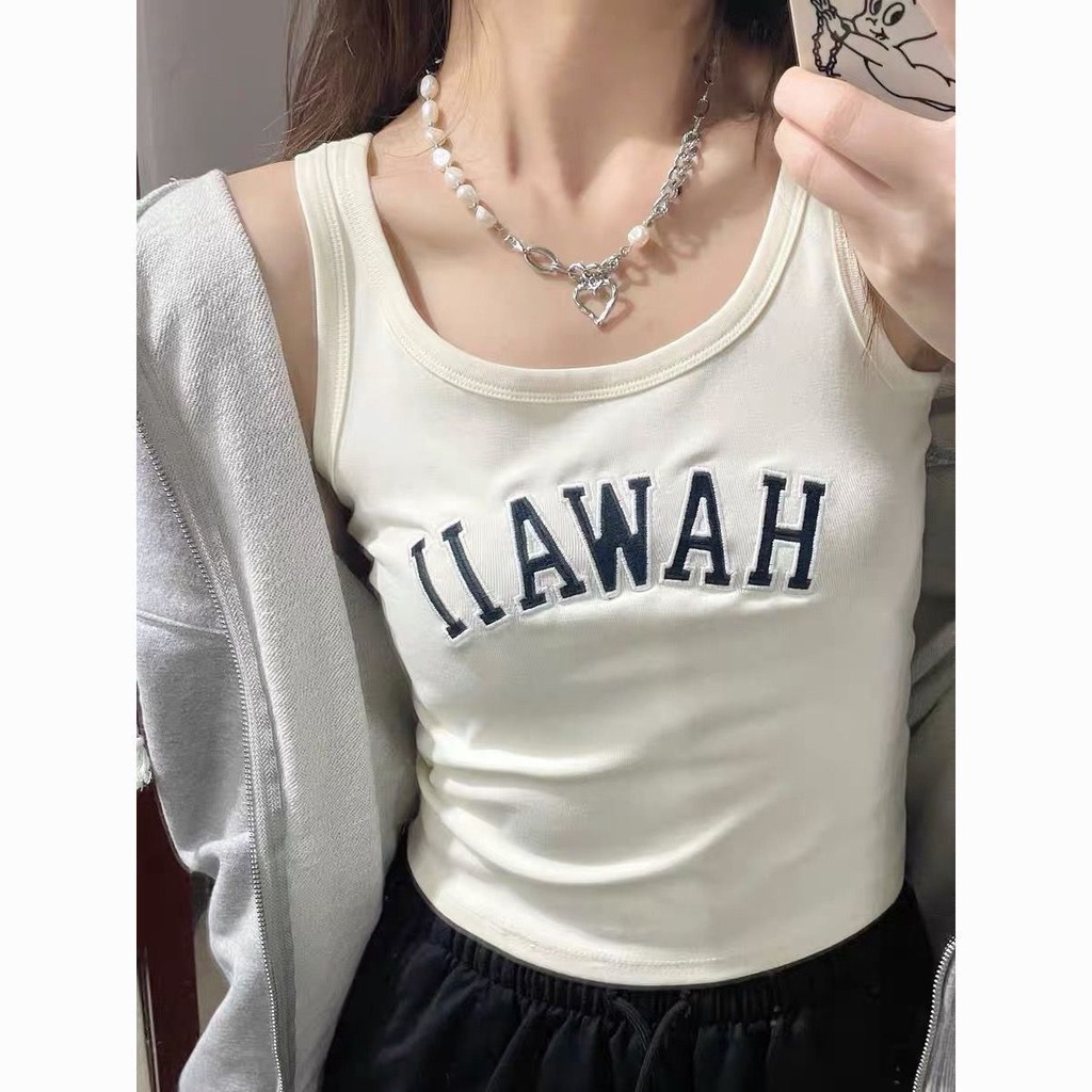 Áo Hai Dây Cotton Trơn Thêu Chữ Ôm Dáng Dễ Phối Đồ