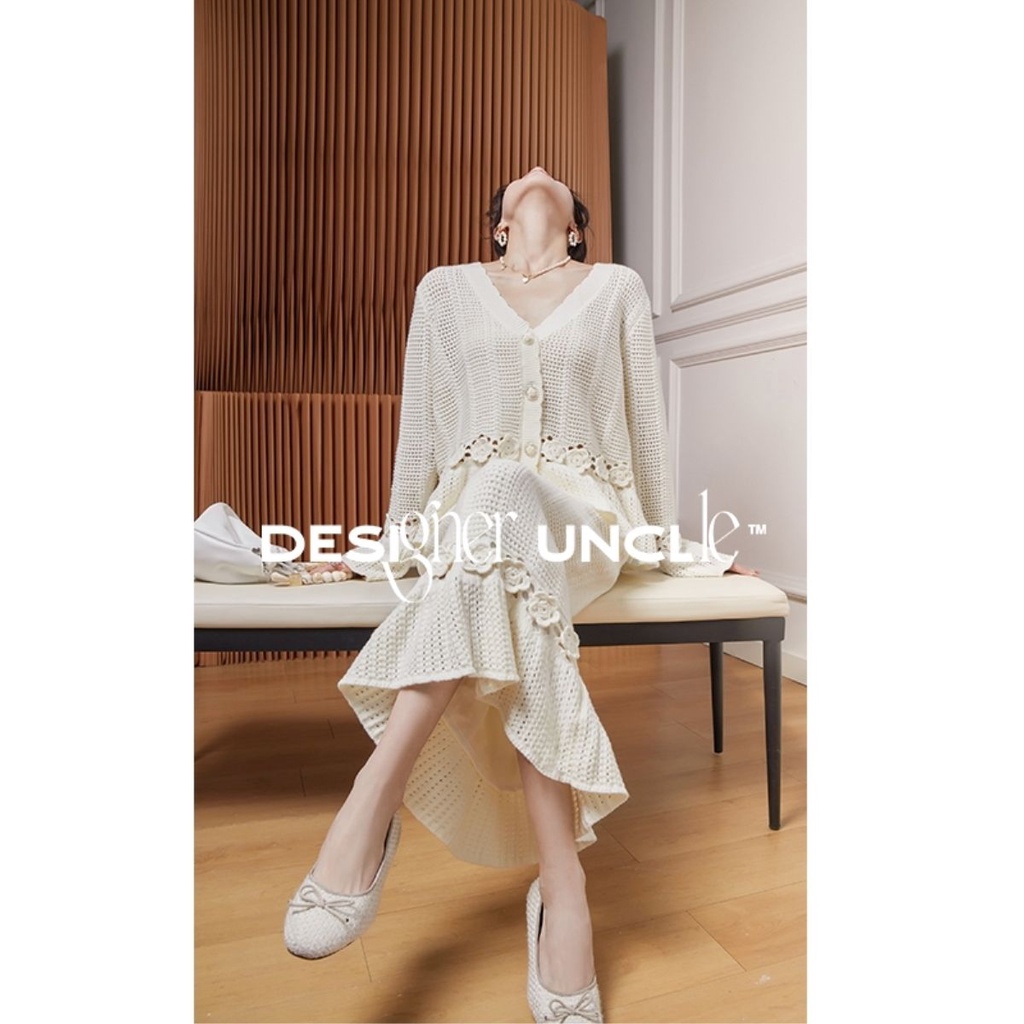 Bộ Áo Dệt Kim + Chân Váy Lưng Cao Khoét Rỗng Thời Trang Mùa Hè Phong Cách Pháp Cho Nữ