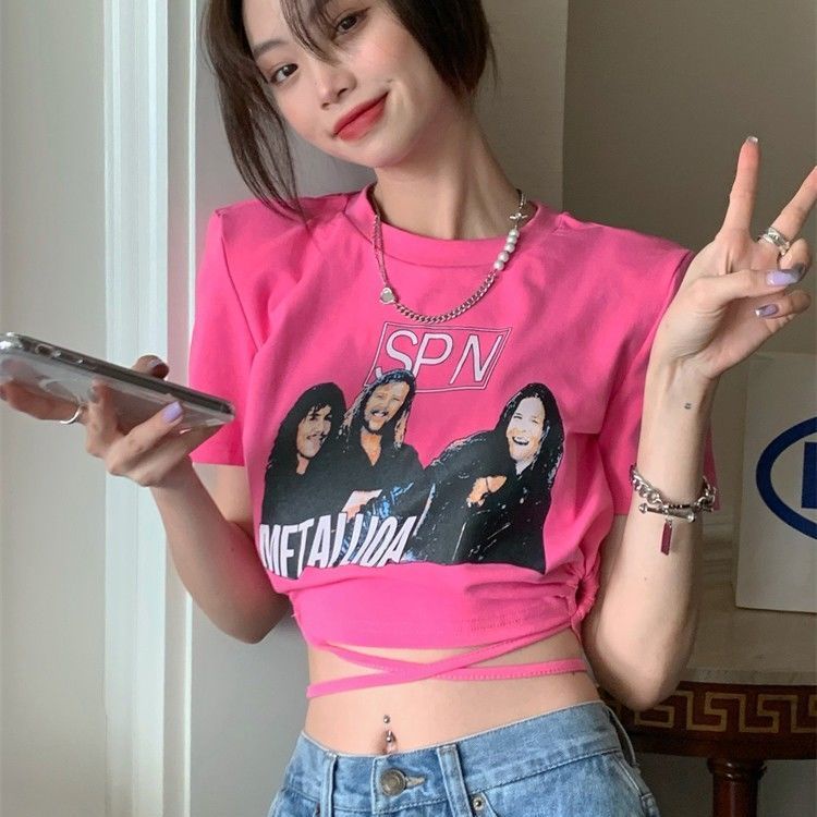 Áo Thun Ngắn Tay Thiết Kế Mỏng Phối Dây Rút Phong Cách Mỹ Hàng Mới Bán Chạy Dành Cho Bạn Nữ