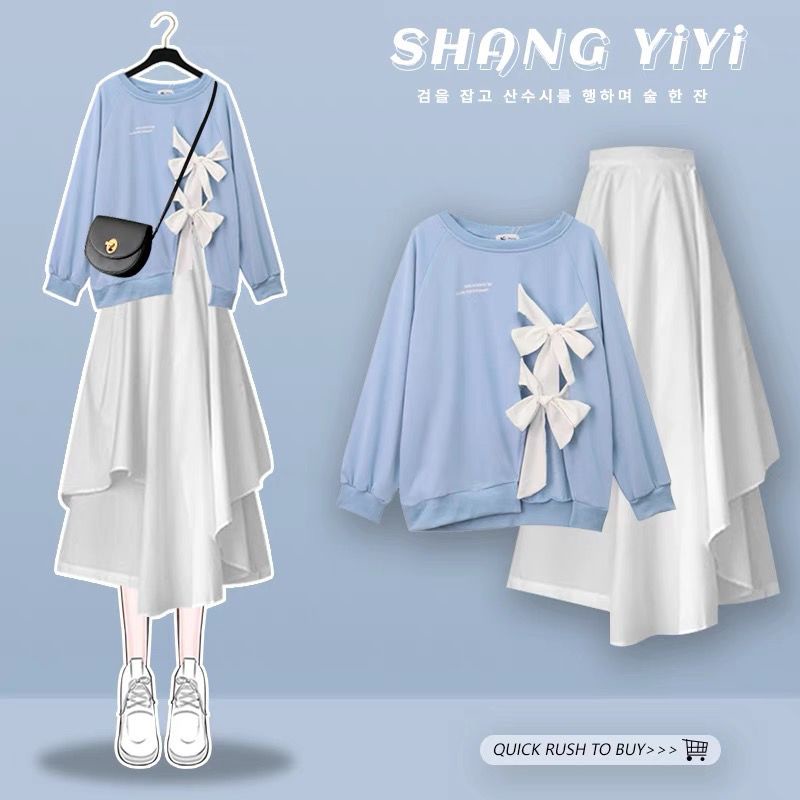 Hàng Có Sẵn Mới Về Set Áo Sweatshirt Phối Nơ Thắt Và Chân Váy Phong Cách Lười Mùa Thu Dành Cho Bạn Gái