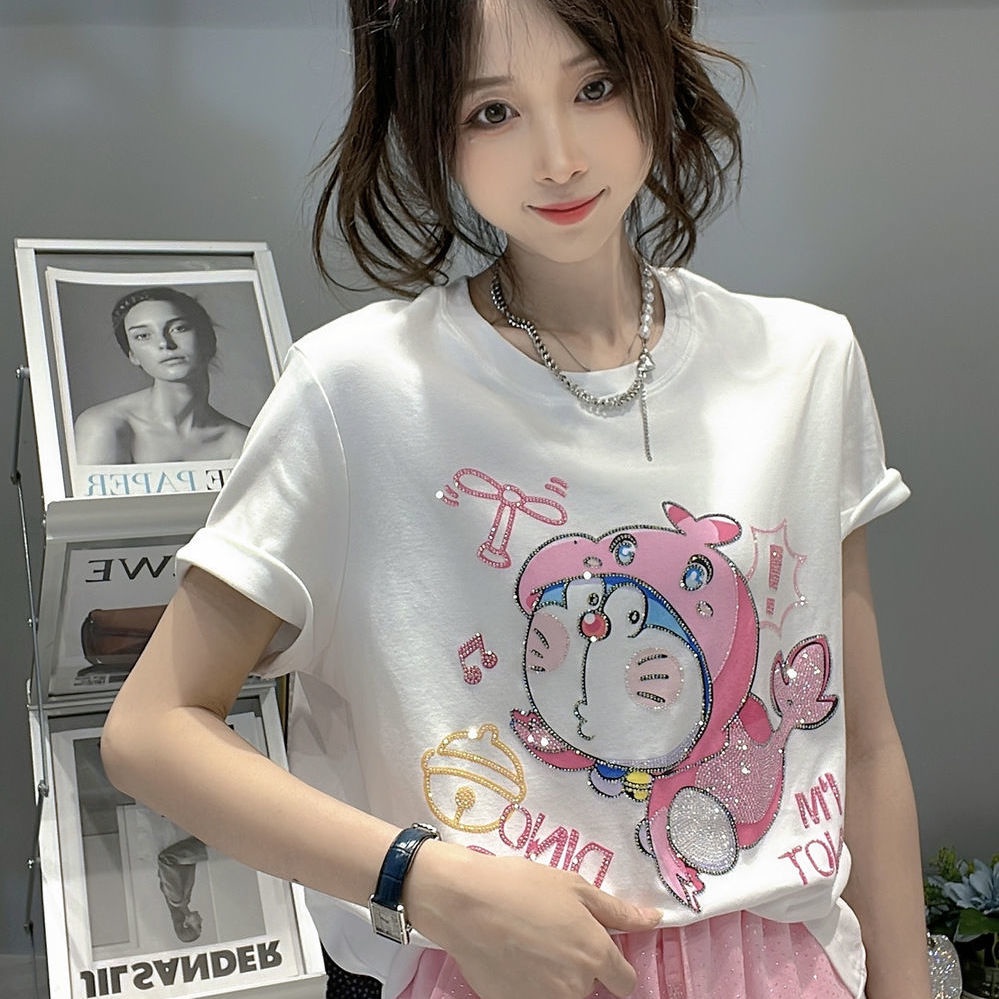 Áo Thun Đính Kim Cương Màu Hồng Dễ Thương Thời Trang Mùa Hè Cho Nữ