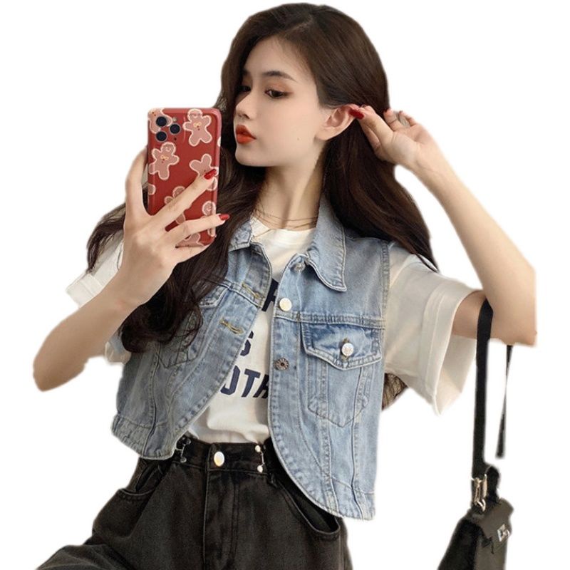 Áo Khoác Jean Ngắn Không Tay Lưng Cao Thời Trang Cho Nữ 5.225.22