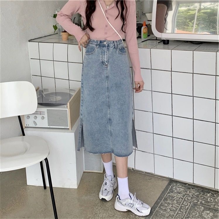 Chân Váy Denim Dài Dáng Chữ a Xẻ Tà Thiết Kế Mới Thời Trang Cho Nữ