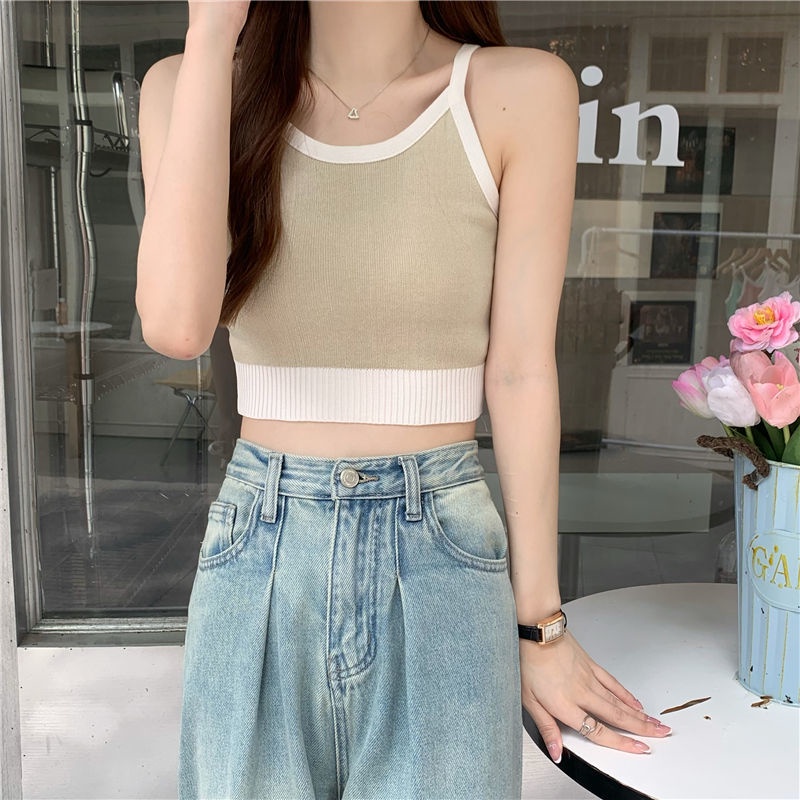 Áo Hai Dây Dệt Kim Dáng Ngắn Phong Cách Hàn Quốc Thời Trang Mùa Hè Cho Nữ