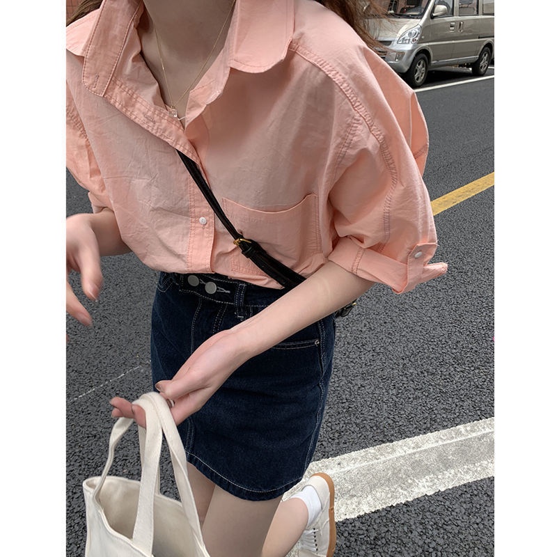 Áo Sơ Mi Mỏng Dáng Rộng Màu Hồng Phong Cách Pháp Thời Trang Mùa Hè Xinh Xắn Cho Nữ