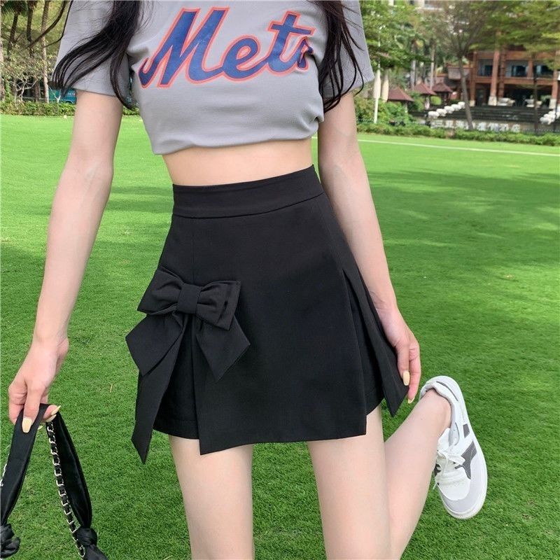 Khuyến Mãi Phong Cách Mới ~ Chân Váy Culottes Ngắn Màu Xám Đính Nơ Dành Cho Nữ Thiết Kế Niche Hot Girl