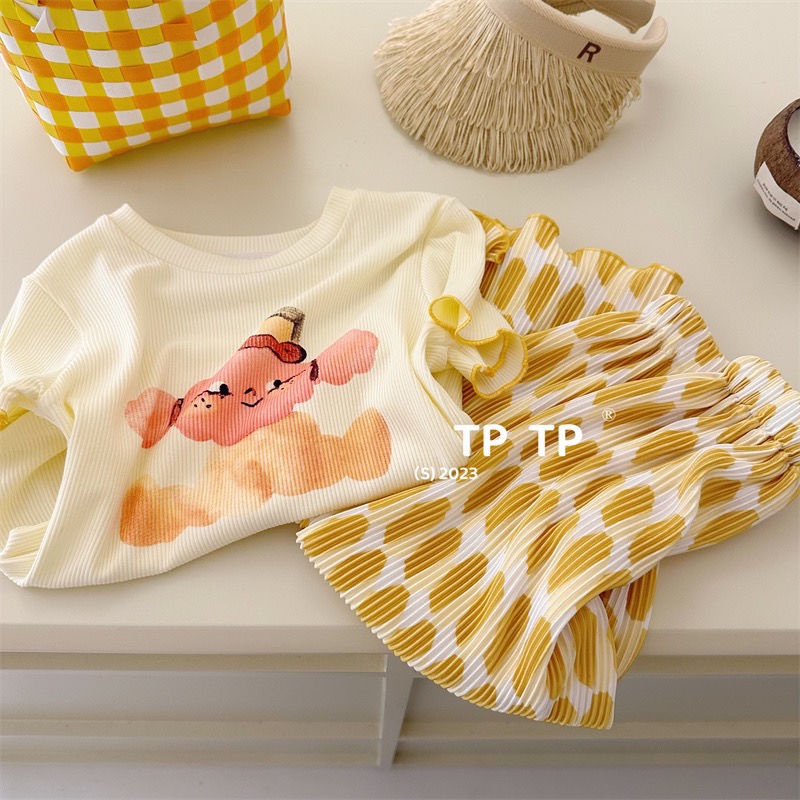 Bộ Áo Thun In Hoạt Hình + Quần Dài Ống Rộng Chống Muỗi Phong Cách Hàn Quốc Thời Trang 2023 Cho Bé Gái