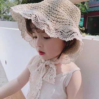 Mũ cói chống nắng phối ren có thể gấp gọn thời trang đi biển cho bé